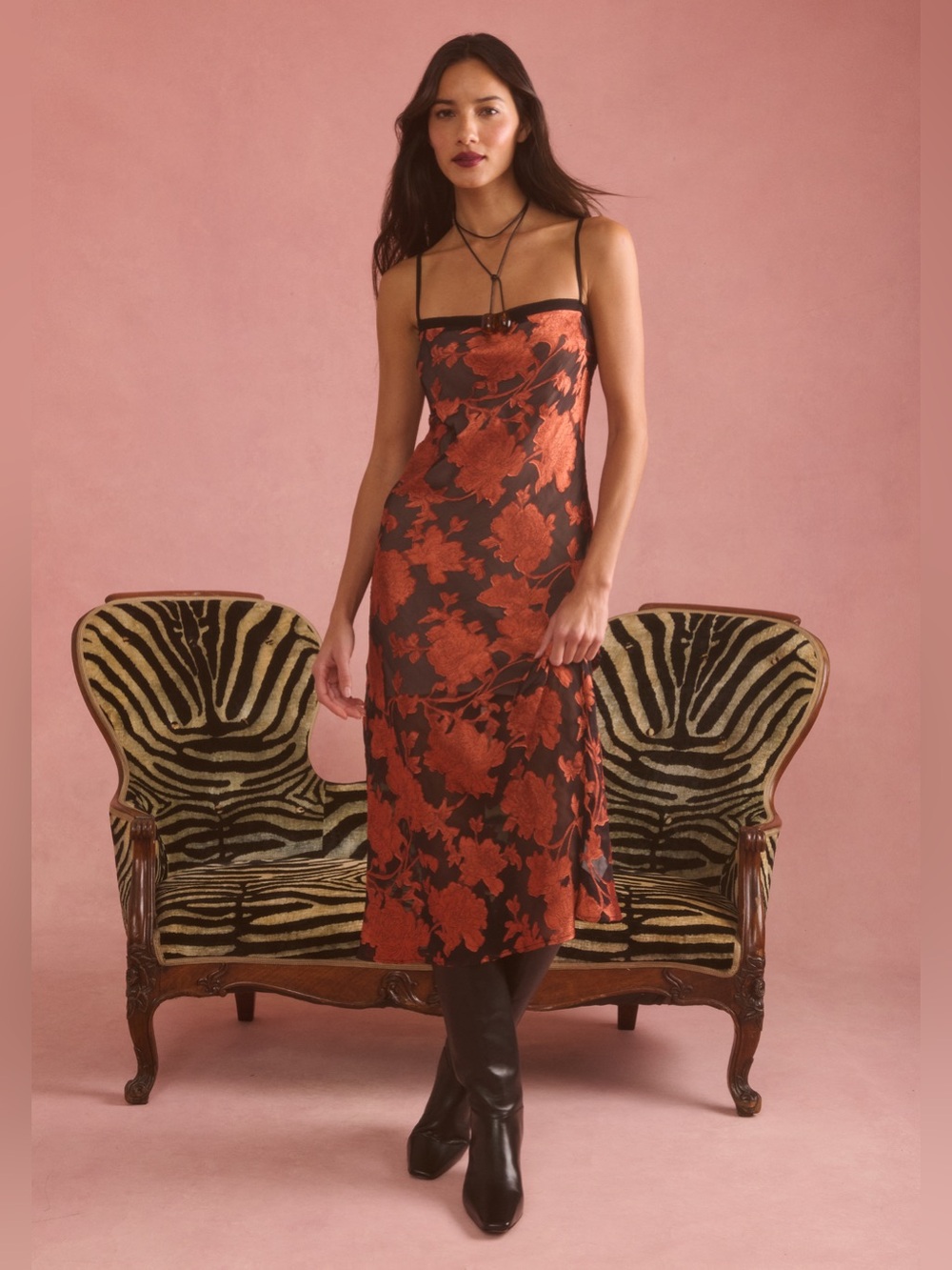 Few Moda Honor Dress Black Rust Floral Midi Dress Size 12 NWT